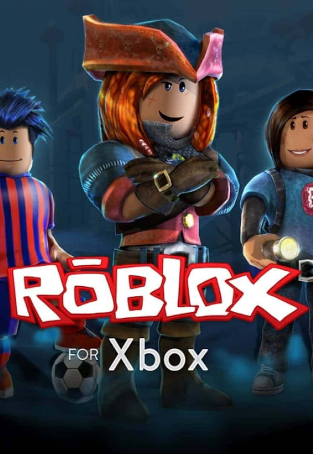 三個 Roblox 虛擬角色與 Roblox for Xbox 標誌合影。