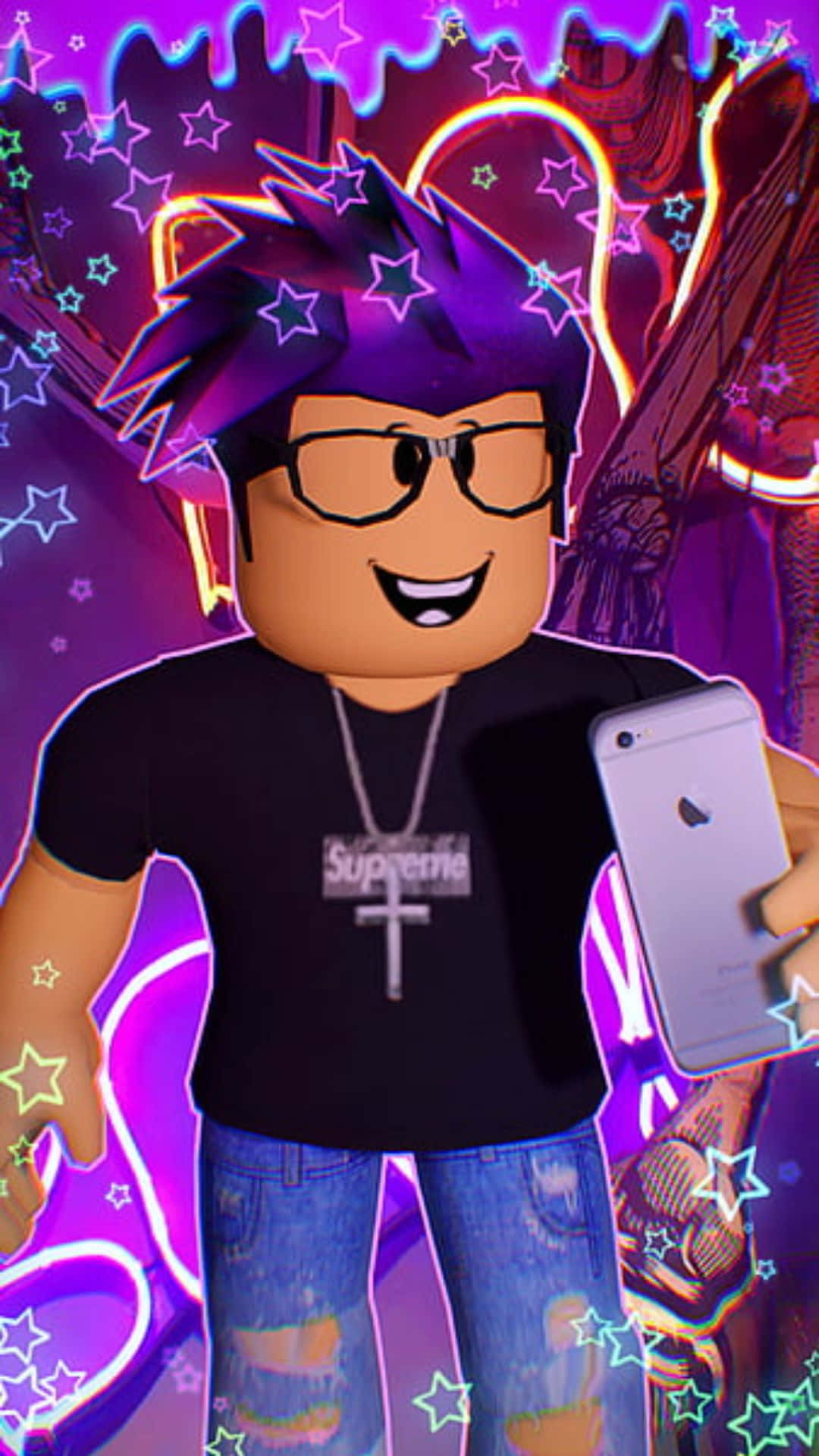 Roblox頭像拿著帶有發光星星和紫色霓虹效果的手機。