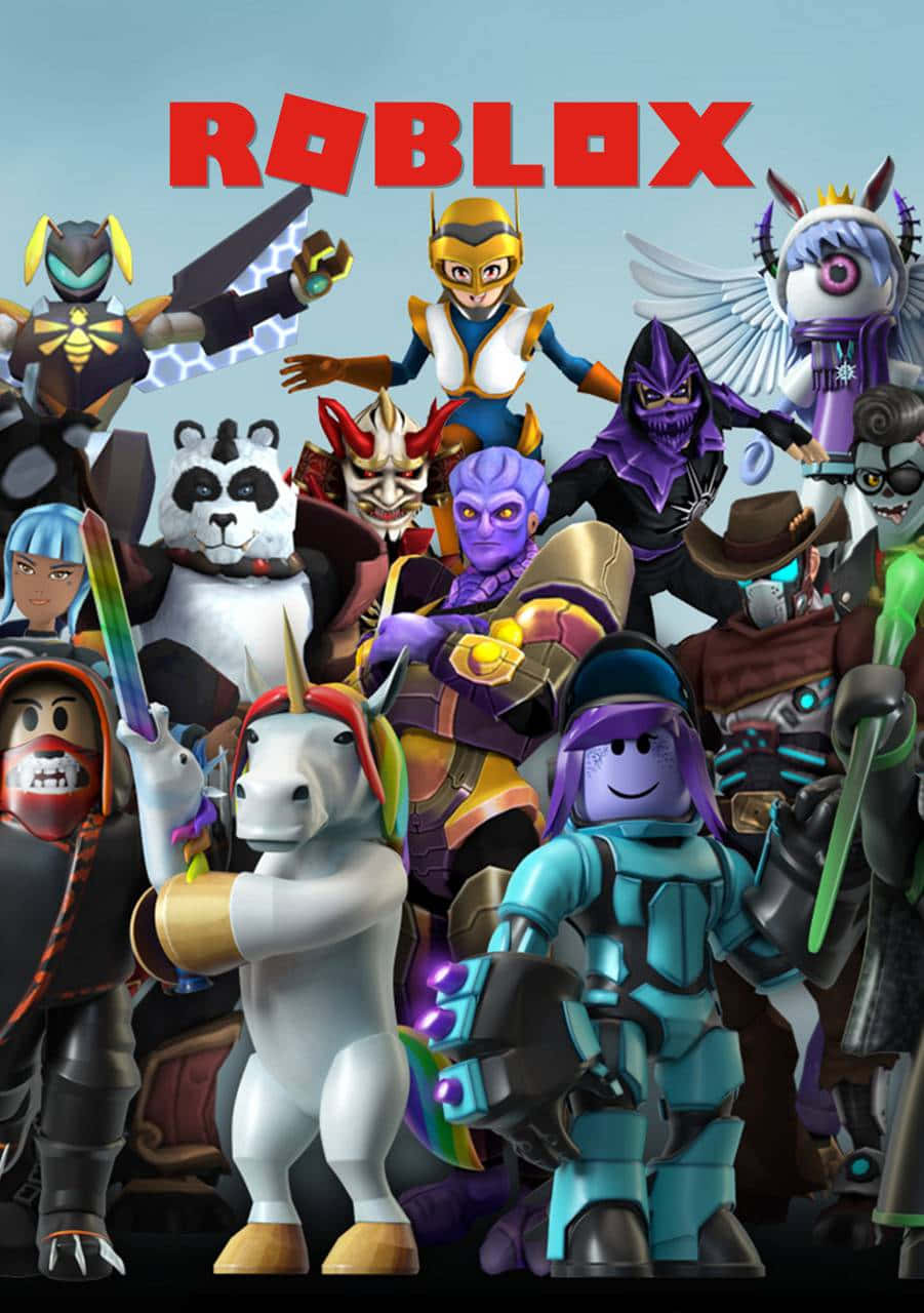 Roblox 遊戲角色以色彩繽紛的方塊頭像一起擺姿勢。