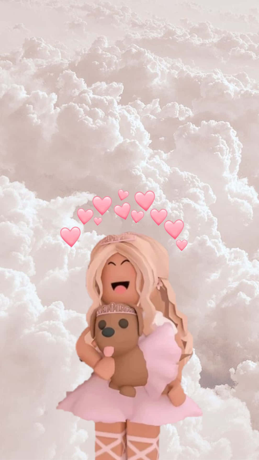 一個穿粉紅色連衣裙的Roblox女孩在雲朵上抱著泰迪熊，周圍有漂浮的愛心。