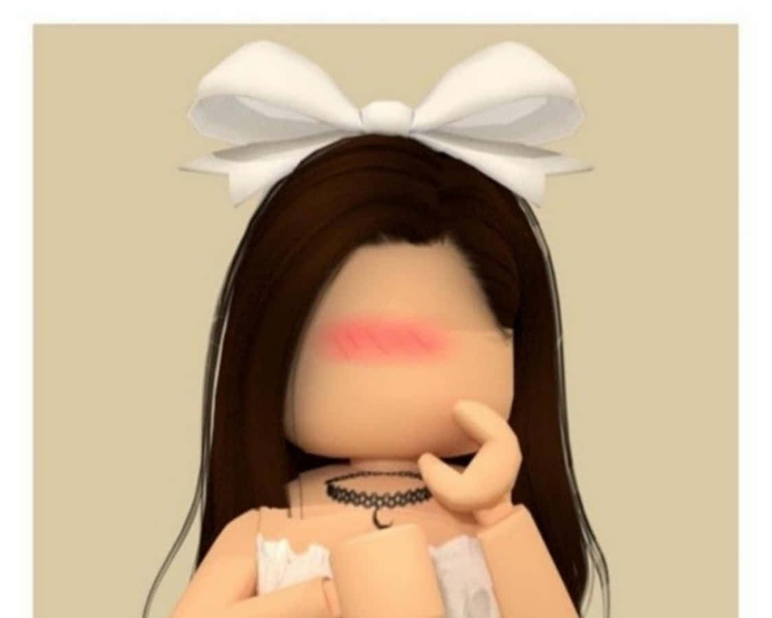 在 Roblox 美學世界中尋找靈感 壁紙 — 一個Roblox頭像，長長嘅棕色頭髮，頭上有一個大白色蝴蝶結，手拎住一個杯，下巴挨喺手上。