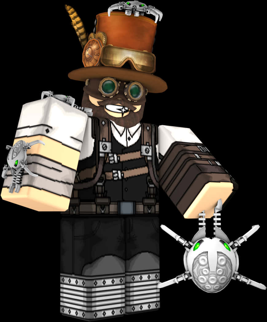 蒸汽龐克風格Roblox角色 壁紙 — 一個戴著護目鏡和高帽的蒸氣龐克Roblox角色，在黑色背景前拿著一個機械無人機。
