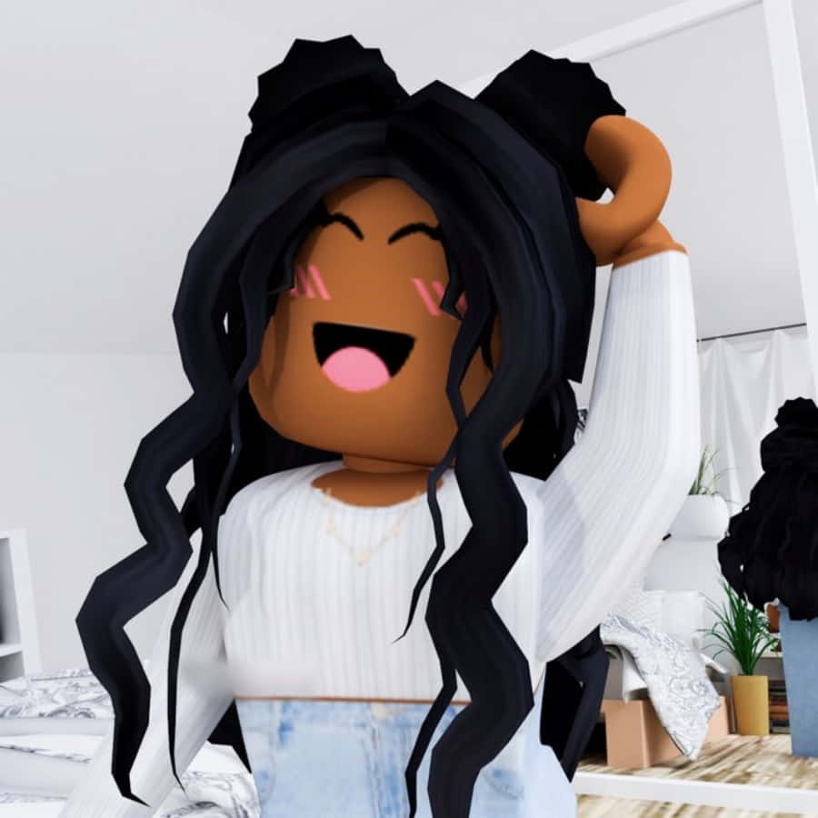 粉髮粉衣的 Roblox 女孩 壁紙 — 一個快樂的Roblox頭像，長長的黑髮，在明亮的極簡主義臥室裡笑著整理頭髮。