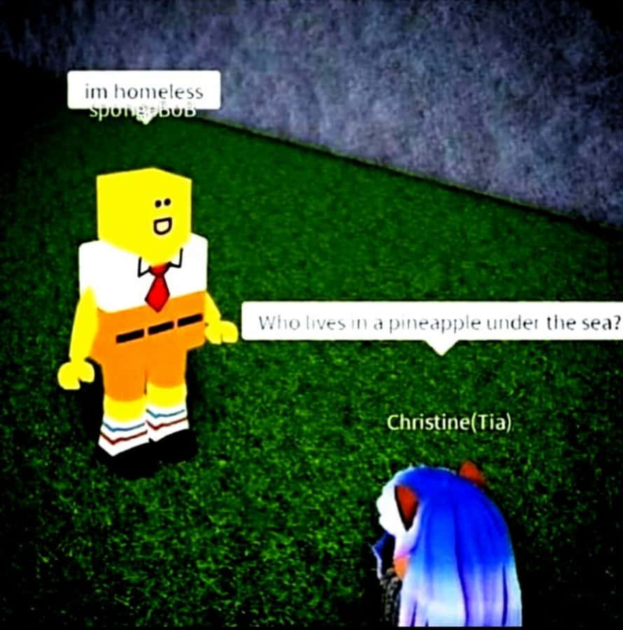 Roblox 搞笑海綿寶寶圖 壁紙 — 一個穿著黃色西裝的Roblox角色問一個住在海底菠蘿裡的藍髮動漫女孩。