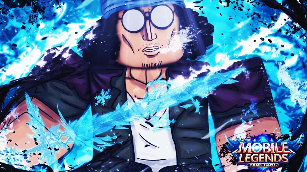 Aokiji 桌布 壁紙 — 一個戴眼鏡和藍色帽子的 Roblox 風格動漫角色，在動態的冰背景中揮舞著發光的藍色冰刃。