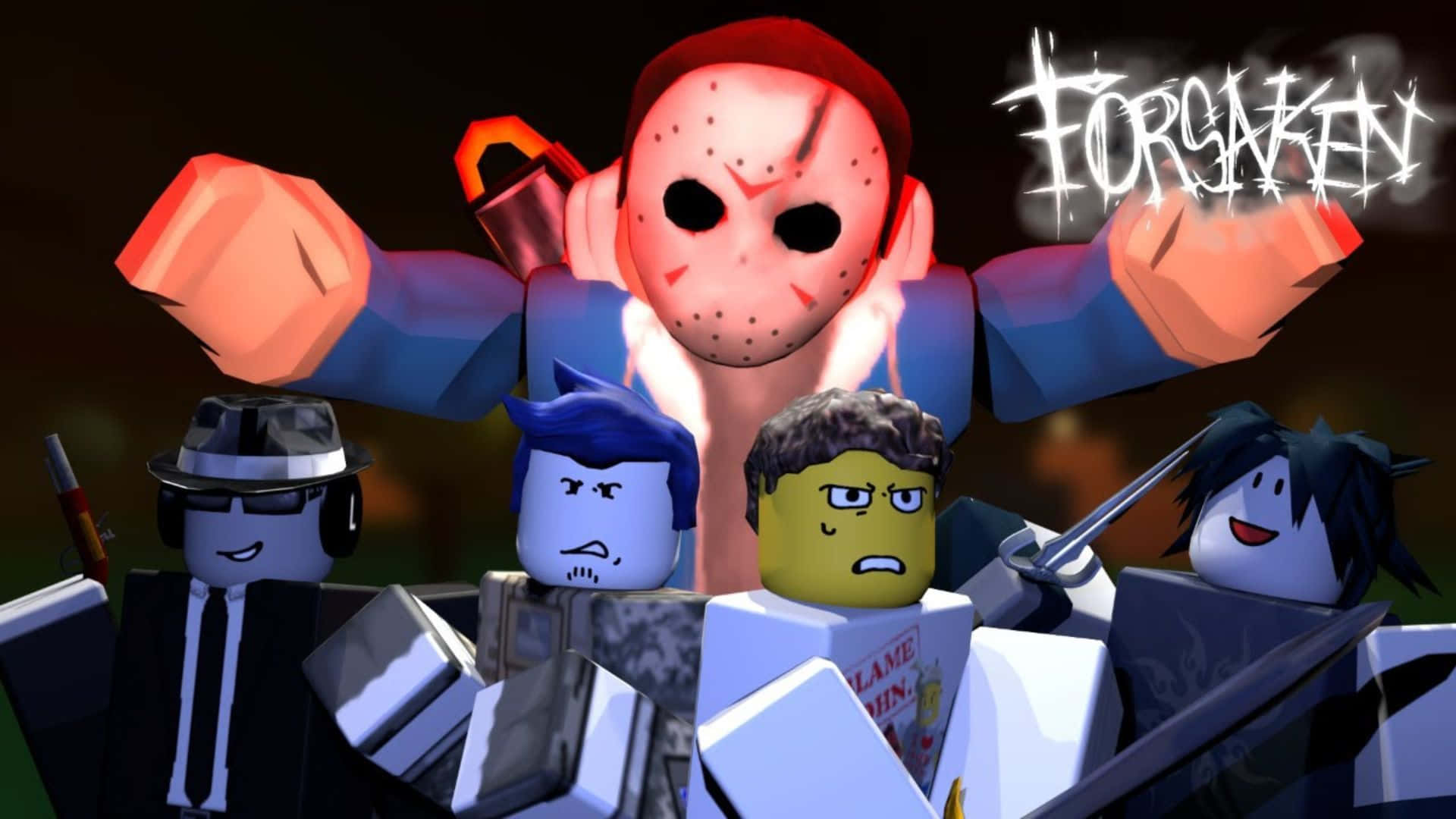  壁紙 — Roblox風格角色包括Jason Voorhees在黑暗場景中威嚇地站立，帶有發光的紅色拳頭和塗鴉標籤。