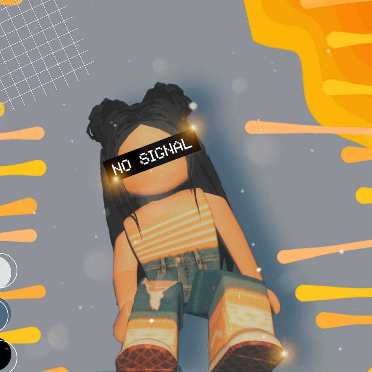  壁紙 — 一個Roblox頭像，臉上掛著「NO SIGNAL」橫幅，坐在橙色條紋和網格圖案的風格化背景前。