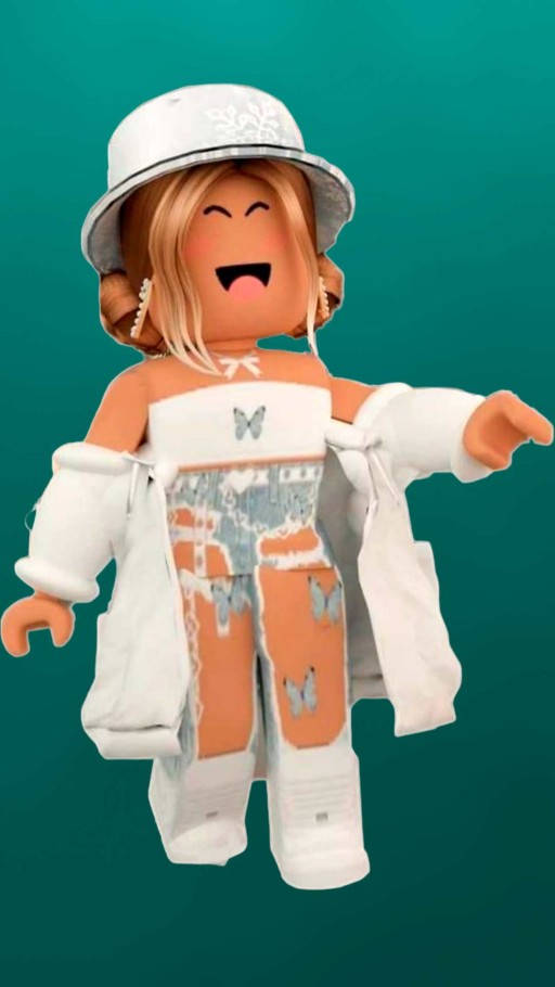 時尚Roblox女孩白色管狀上衣 壁紙 — 一個開心的Roblox頭像，金髮戴白帽，穿著白色外套和蝴蝶圖案褲子，在青綠色背景上大笑。