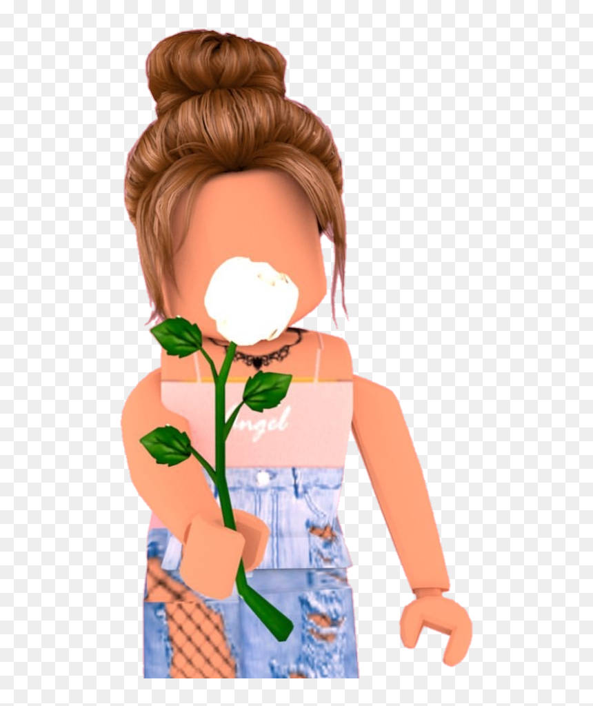 美學 Roblox 女孩手持白玫瑰 壁紙 — 一個 Roblox 頭像，棕色頭髮盤成髮髻，手持白玫瑰，身穿粉紅色上衣和破洞牛仔褲。