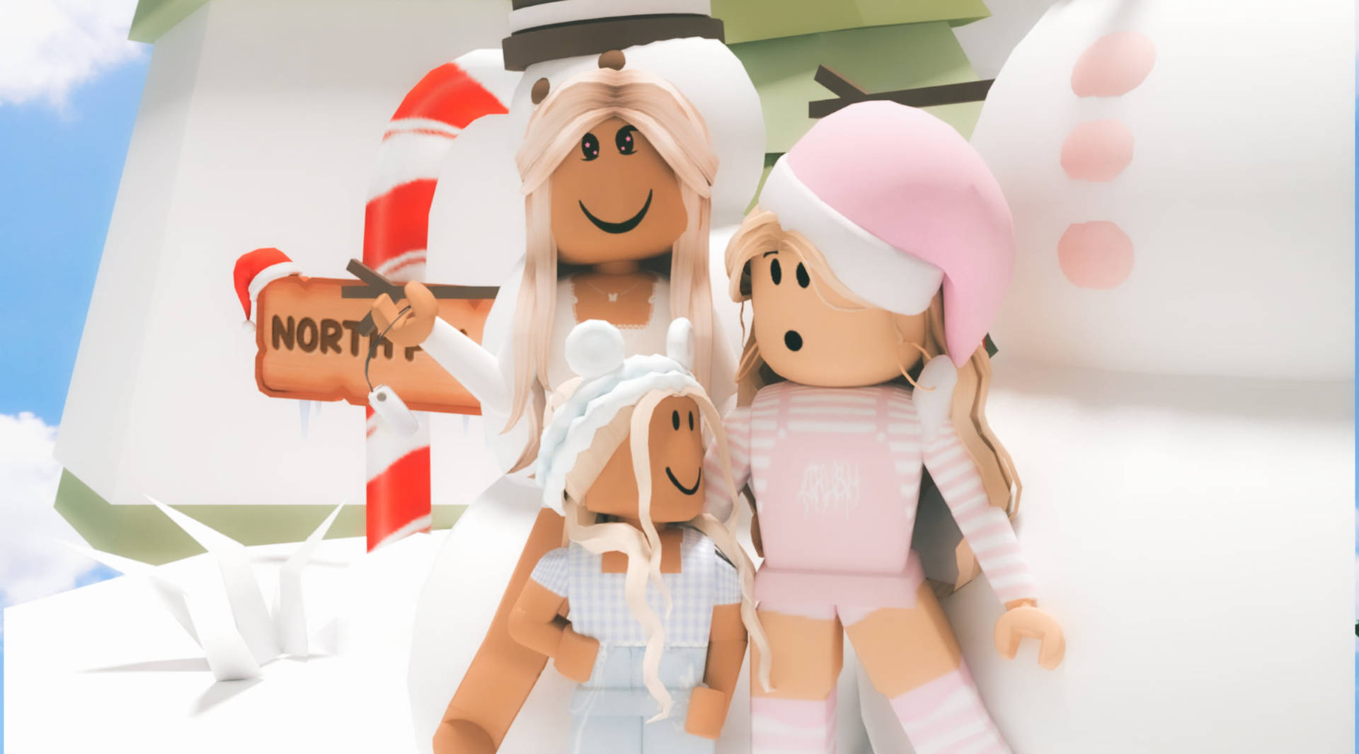 三個穿著冬季服裝的Roblox角色靠近雪人和拐杖糖標誌。