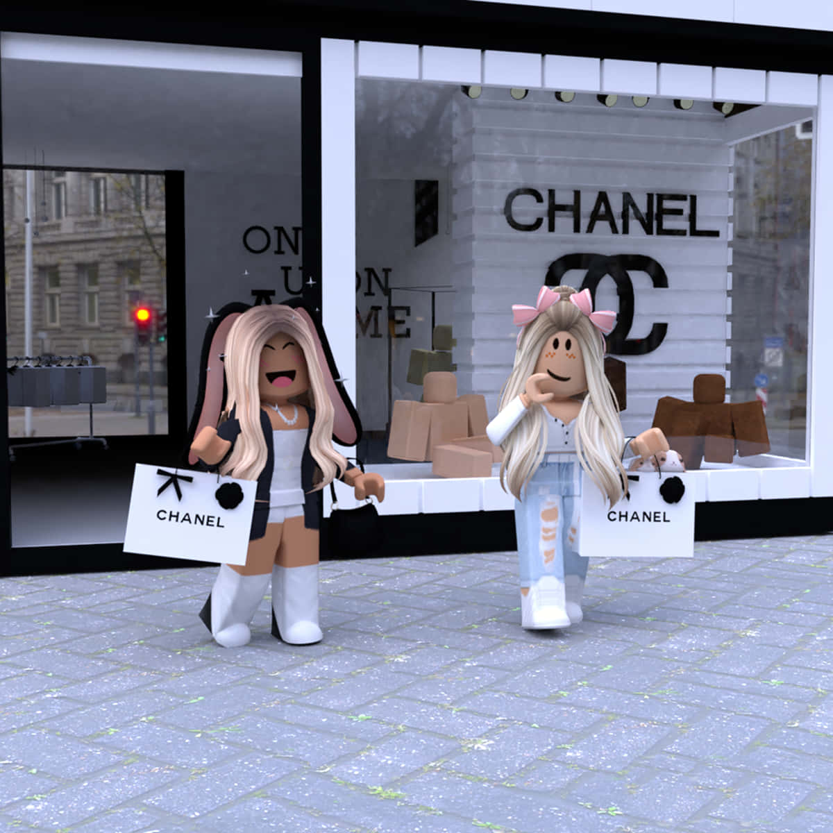 兩個 Roblox 角色在 Chanel 商店外拿著 Chanel 包包。