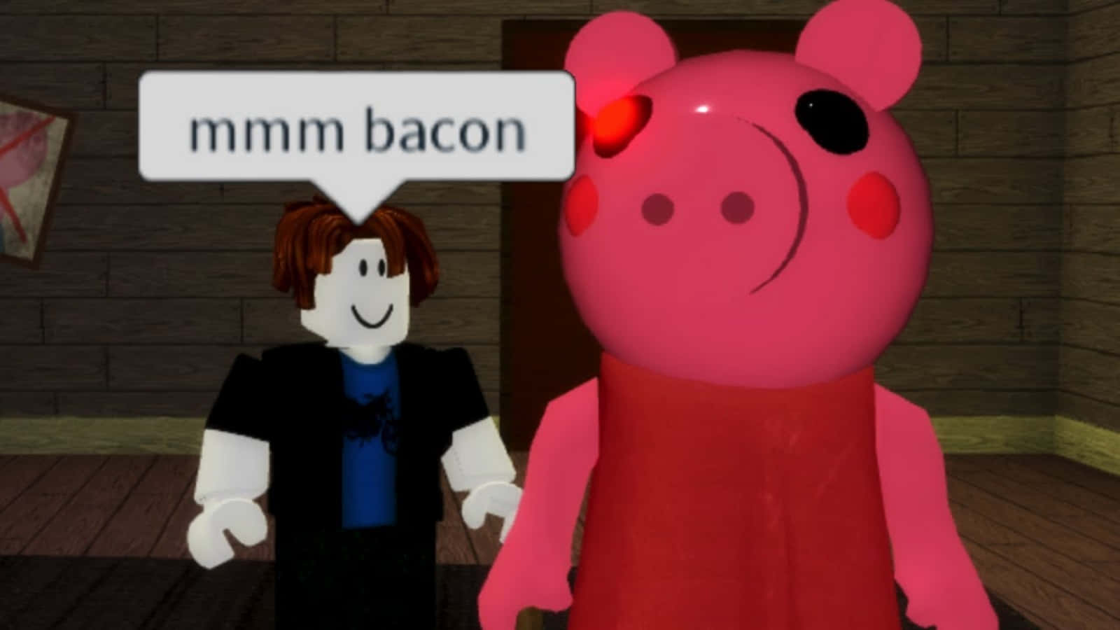 Roblox 幽默小豬佩奇圖 壁紙 — 一個棕色頭髮的 Roblox 角色站在一個木房間裡，旁邊是一隻穿著紅色連衣裙的巨型粉紅色豬。