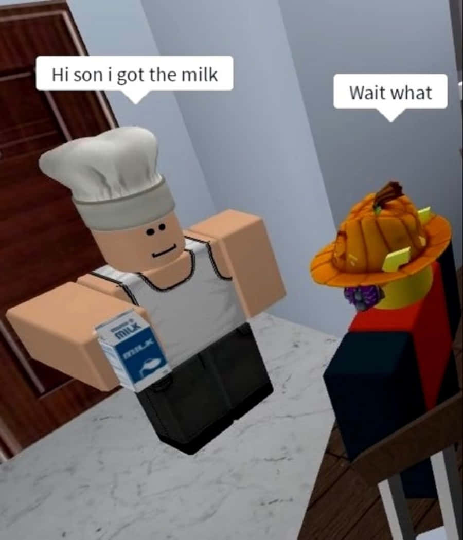 Roblox 幽默廚師圖 壁紙 — 一個 Roblox 廚師角色拿著牛奶，而一個南瓜頭角色在廚房場景中驚訝地反應。