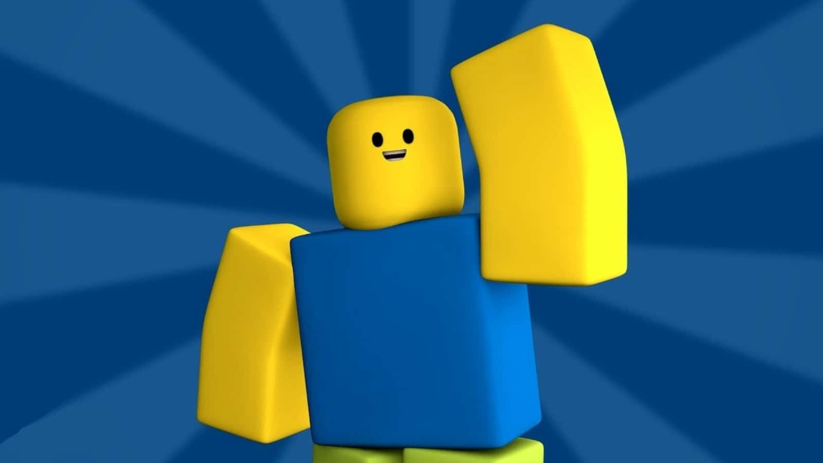 Roblox 幽默藍色背景圖 壁紙 — 一個快樂的黃藍色方塊頭像，單臂高舉，背景是動態的藍色放射狀圖案。