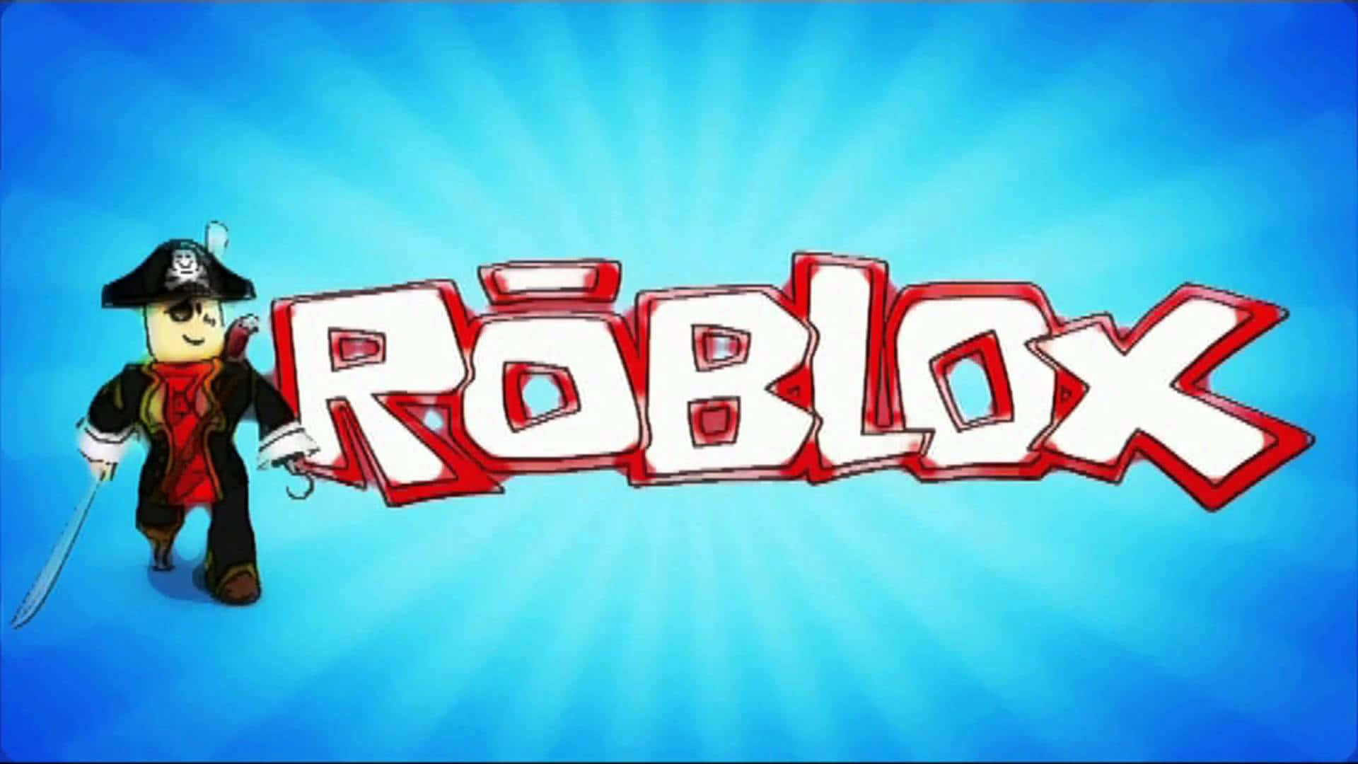 Roblox 標誌與船長狂暴 壁紙 — 一個Roblox海盜角色站在鮮豔的藍色徑向漸變背景前，旁邊是醒目的紅白色Roblox標誌。