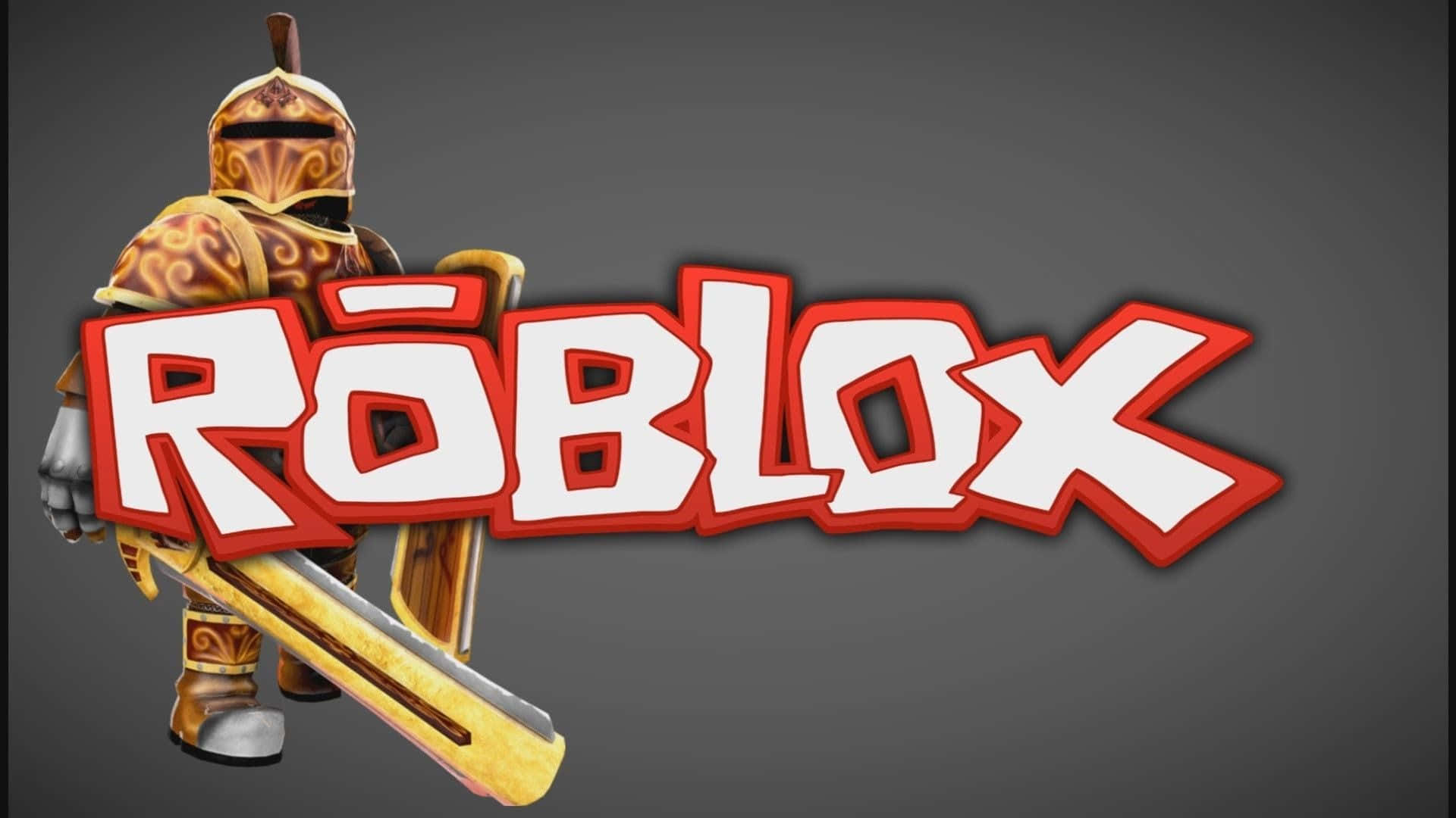 Roblox 標誌與騎士盔甲 壁紙 — 一個風格化的 Roblox 騎士穿著華麗盔甲，在粗體紅白 Roblox 標誌後方持劍。