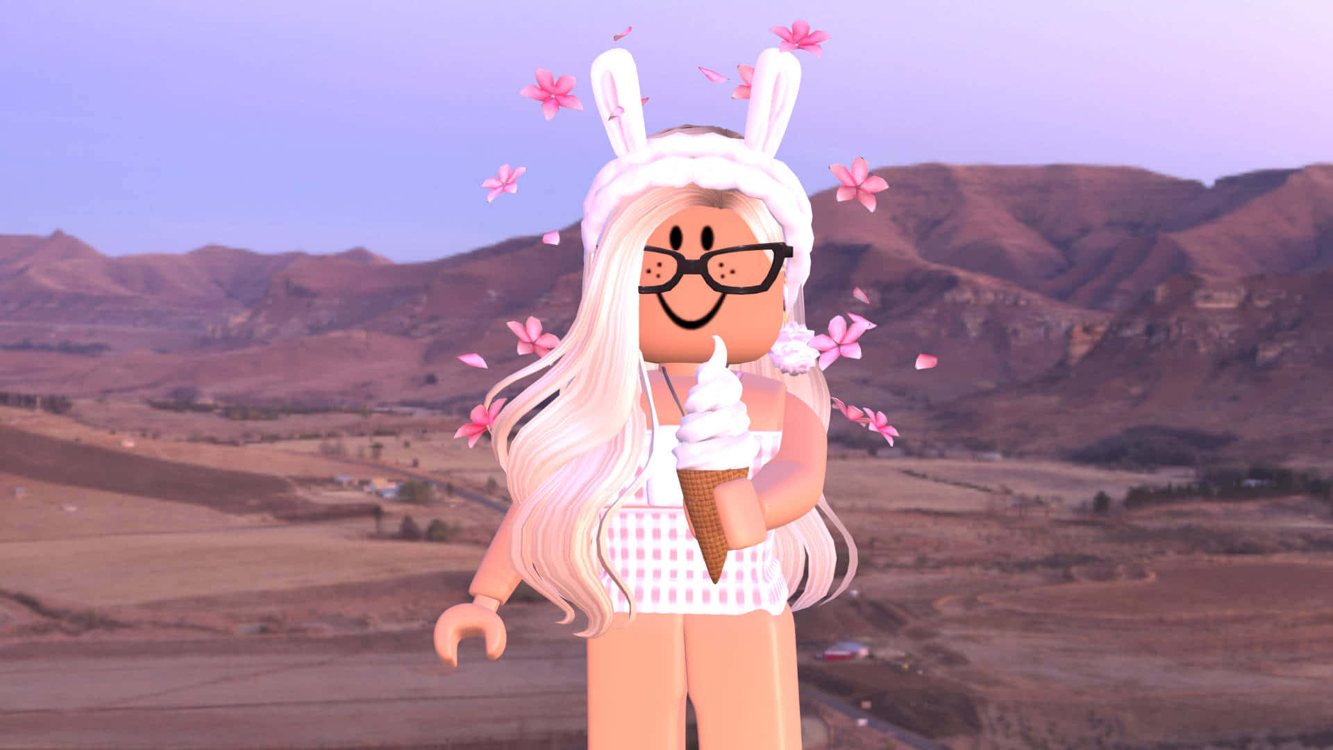 戴著兔耳的Roblox頭像，在櫻花飄落中吃著冰淇淋。