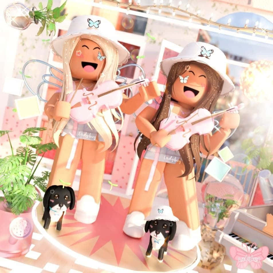 兩個Roblox虛擬角色在粉彩房間裏與蝴蝶和狗一起演奏小提琴。