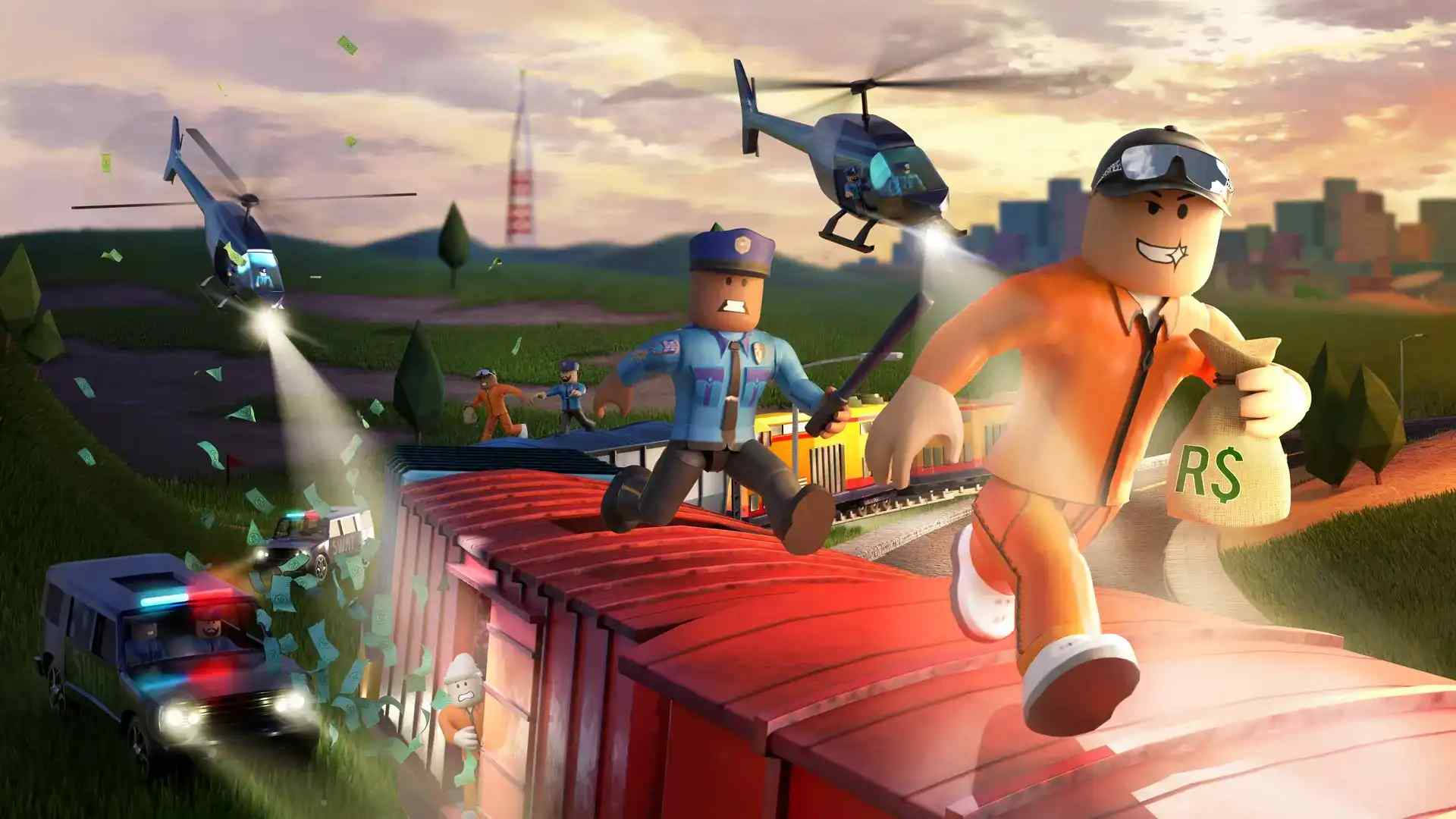 型格Roblox 桌布 壁紙 — Roblox 角色在紅色火車車廂上追捕逃犯，直升機和警車在日落時分追趕。