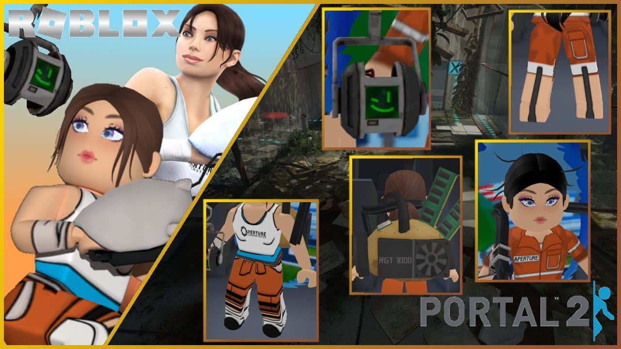 Portal Characters 桌布 壁紙 — Roblox 頭像以 Portal 2 角色風格呈現，完整服裝和道具以拼貼方式展示。