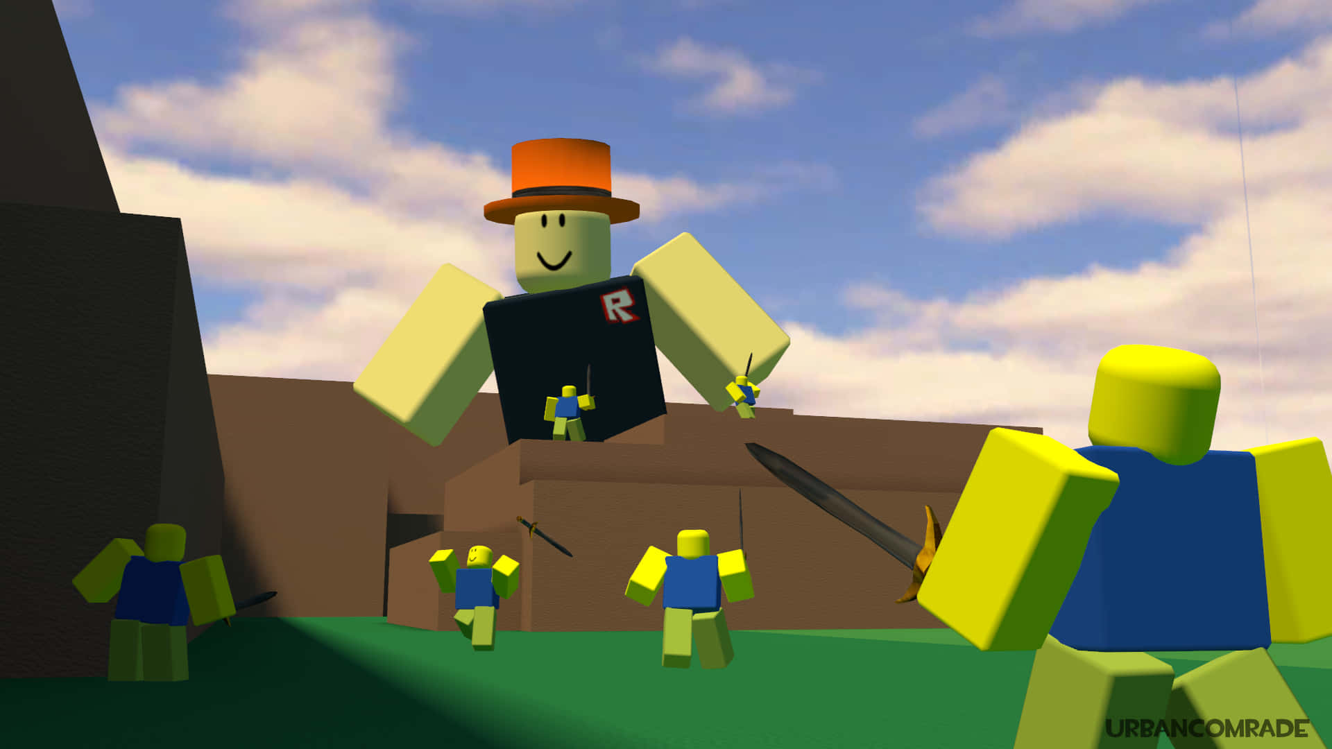 Roblox世界中新手的冒險旅程 壁紙 — Roblox風格嘅方塊頭像，黃色頭同藍色衫，企喺一個陽光普照嘅戶外場景，有個巨型角色拎住部手提電腦。