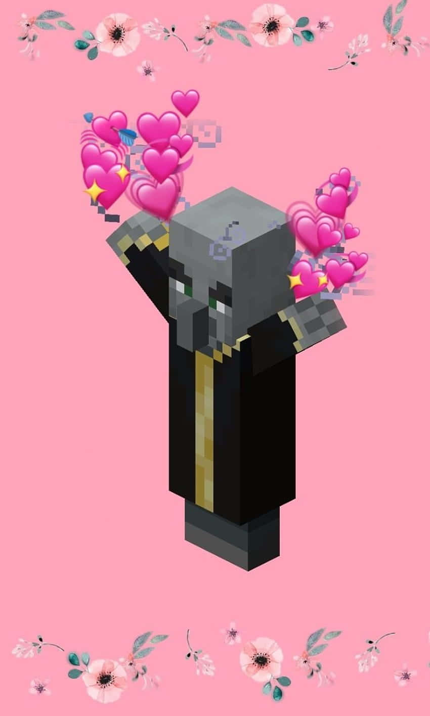 像素化的Minecraft角色被粉紅色心形和花卉裝飾包圍。