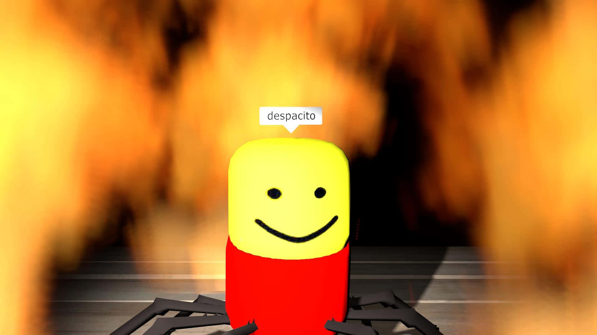 Roblox世界的搞笑混亂！ 壁紙 — 一個黃色方塊狀的人物面帶微笑，平靜地站在熾熱的橙色背景前，上方漂浮著despacito這個詞。