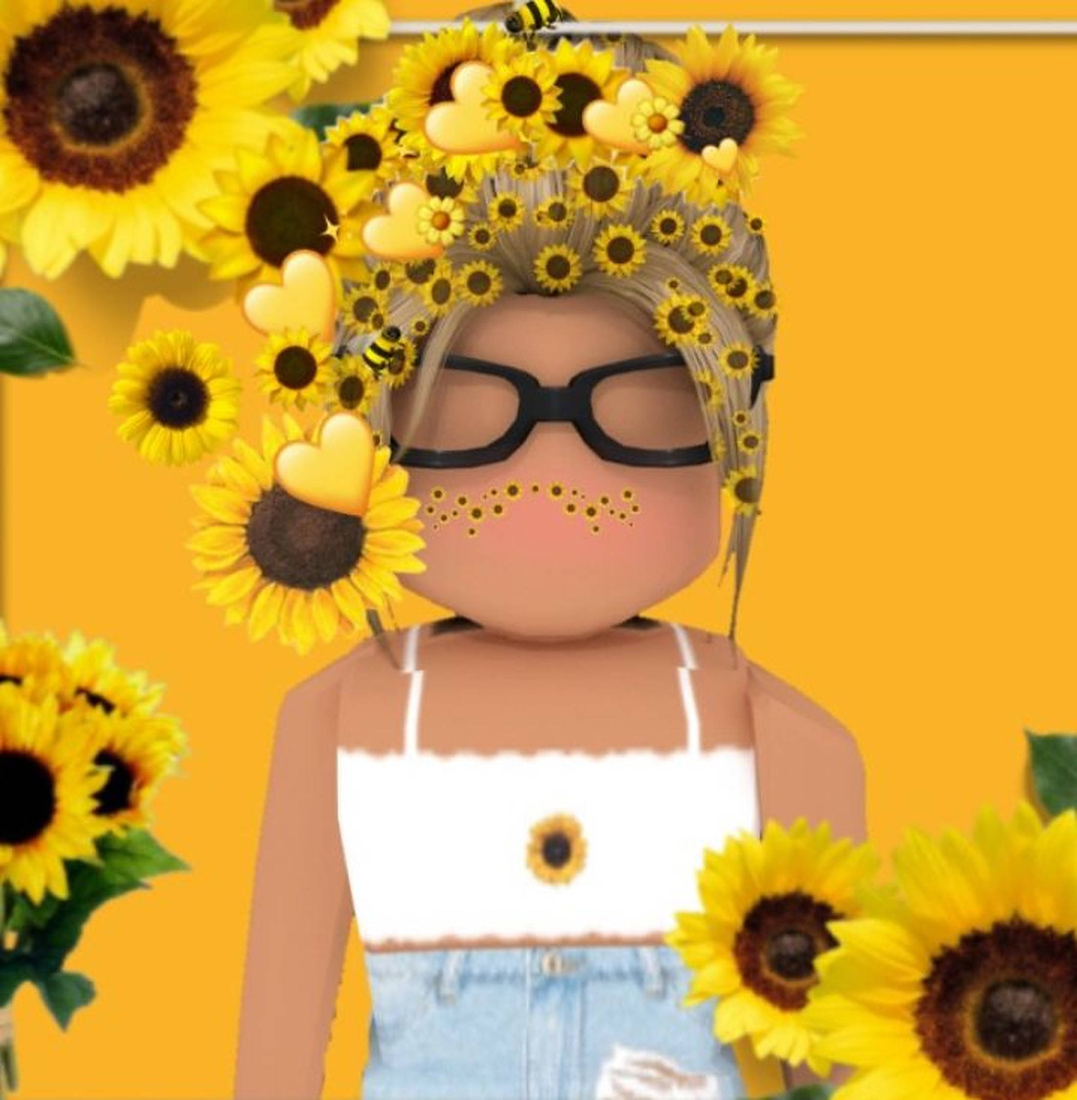 Roblox女孩與向日葵 壁紙 — 一個戴着眼鏡和向日葵花環的Roblox虛擬角色，被鮮黃色的向日葵圍繞，背景是純橙色。
