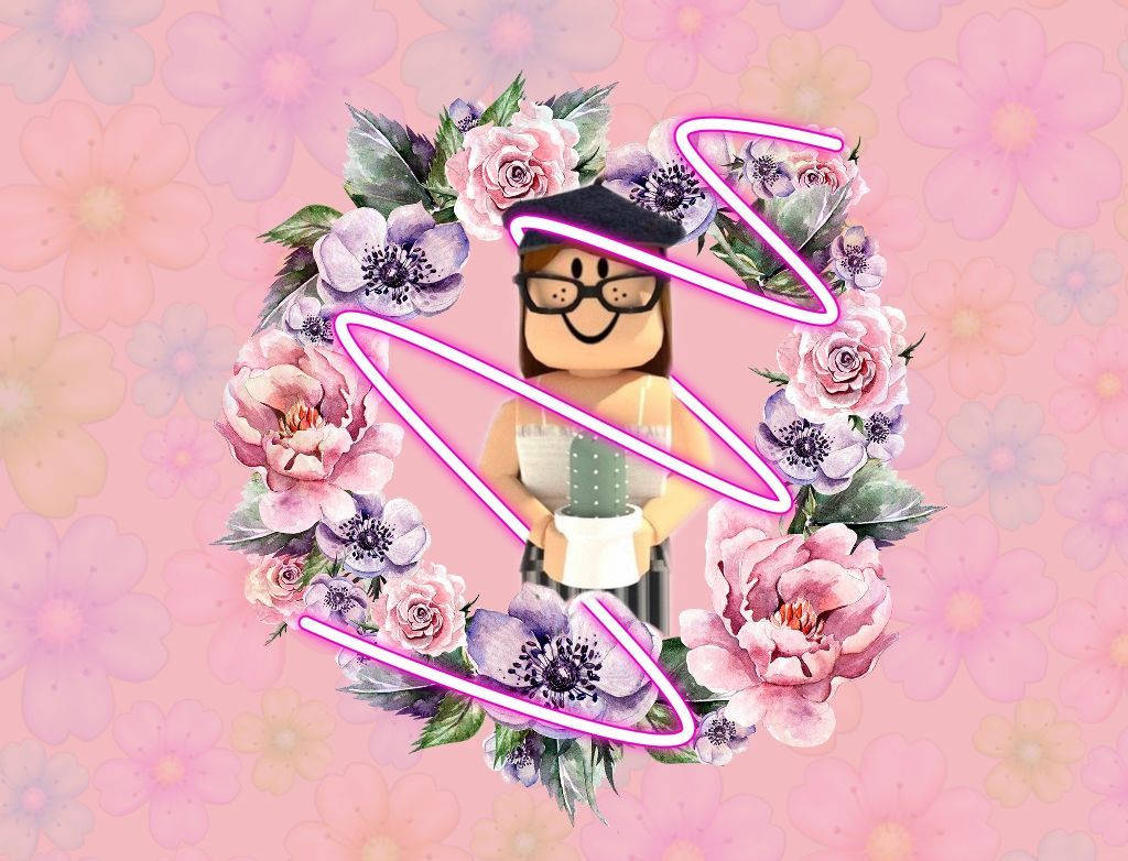 Roblox女孩花卉海報 壁紙 — 一個戴著眼鏡和帽子的Roblox虛擬角色，在粉彩花卉背景上，手持一個仙人掌，周圍是發光粉紅霓虹勾勒出的鮮豔花環。
