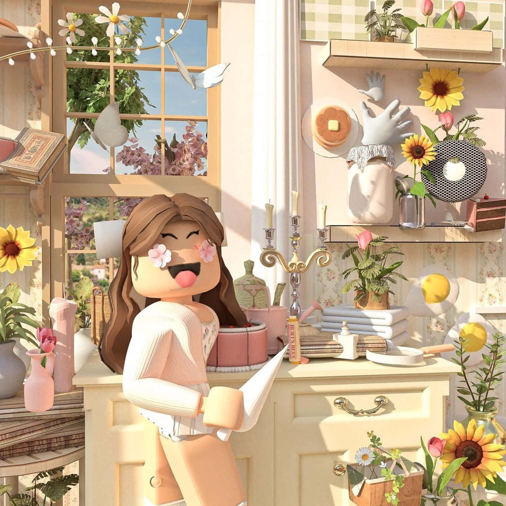 一個帶有花朵臉頰的Roblox角色在充滿陽光、向日葵和復古裝飾的柔和色調廚房裡微笑。