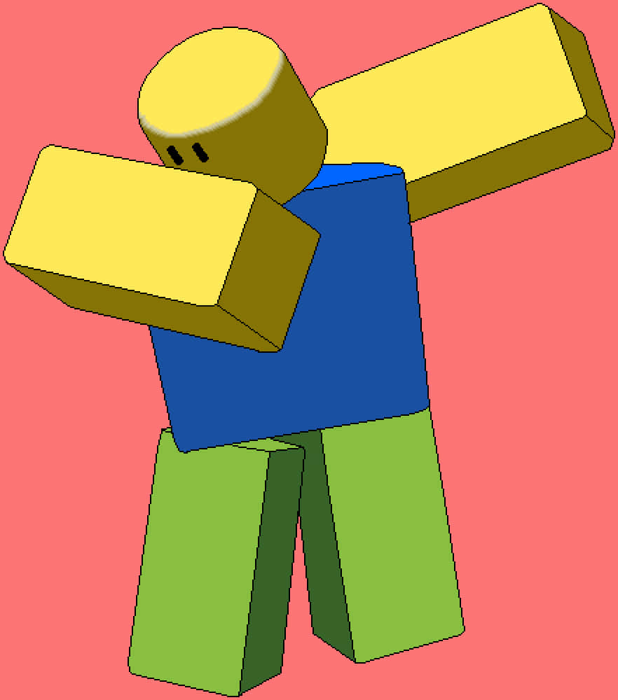 Roblox新手冒險者 壁紙 — 一個塊狀3D渲染的頭像，黃色頭部和四肢，藍色軀幹，綠色雙腿，在純粉紅色背景前擺姿勢。