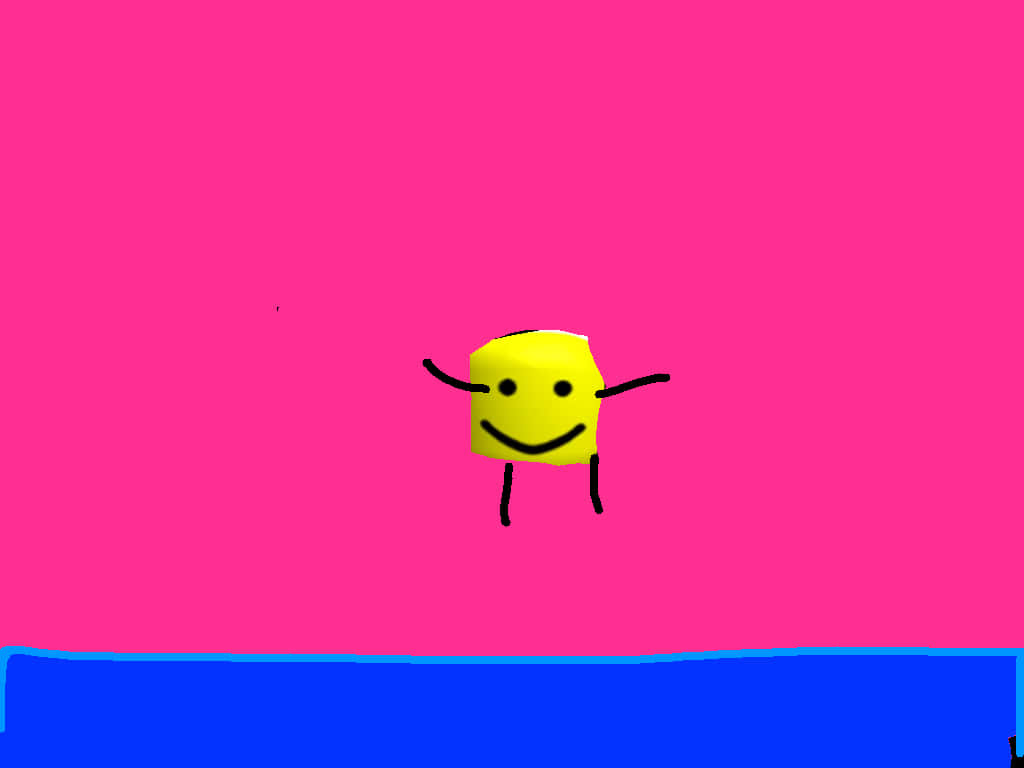 Roblox新手呼救求助 壁紙 — 一個快樂的黃色方塊角色，帶有笑臉和棍狀四肢，漂浮在充滿活力的粉紅色背景上。