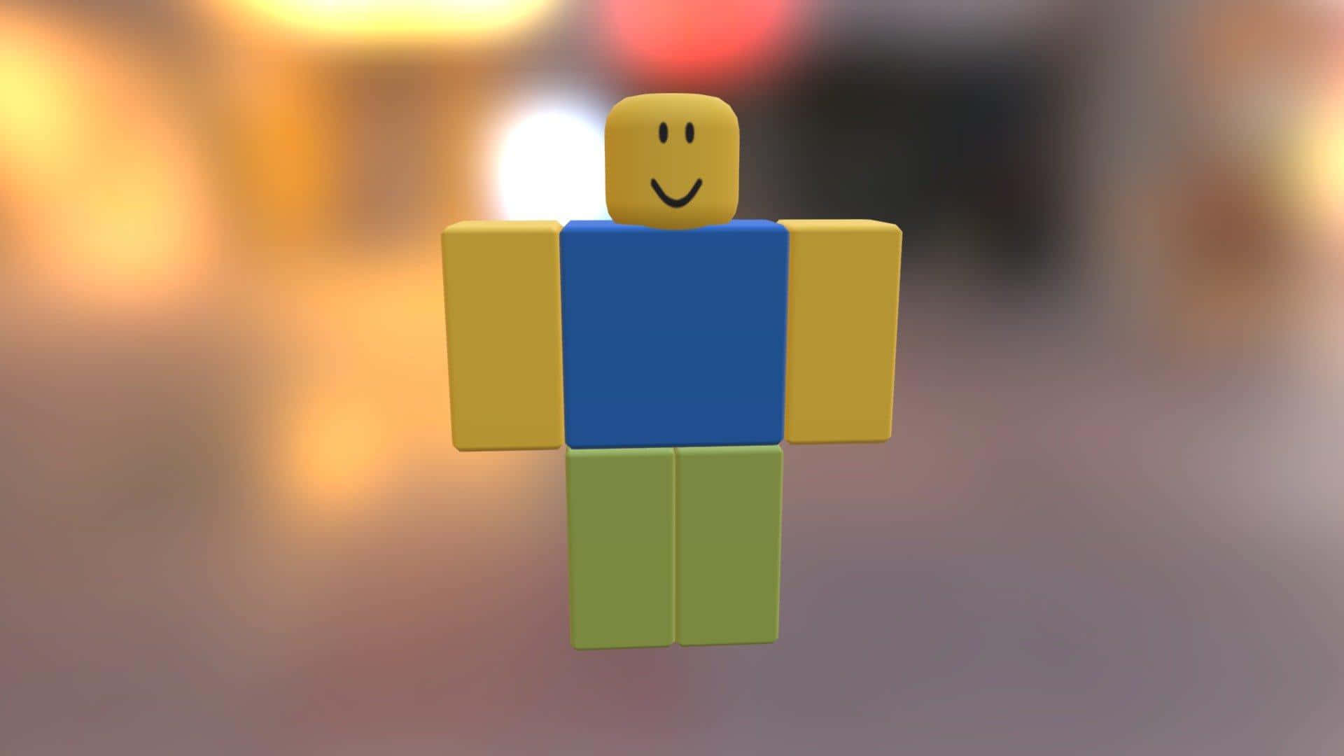 「Roblox新手的崛起！」 壁紙 — 一個快樂的方塊頭像，黃色頭部、藍色軀幹和綠色雙腿，漂浮在溫暖模糊的背景上。