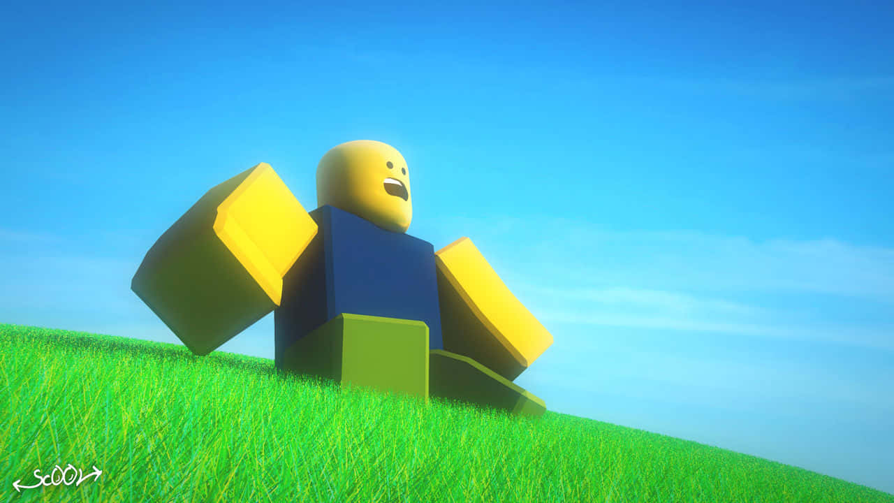 Roblox新手等待下一次虛擬冒險 壁紙 — 一個方塊狀的黃頭人物穿著藍色襯衫，坐在晴朗藍天下充滿活力的綠色草地上。