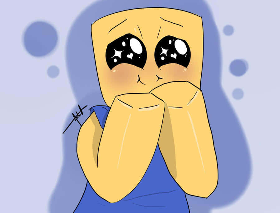 Roblox新手踏上冒險第一步 壁紙 — 一個黃色方塊狀的動漫角色，有著星星般的眼睛，在柔和的藍色背景前震驚地捂住嘴巴。