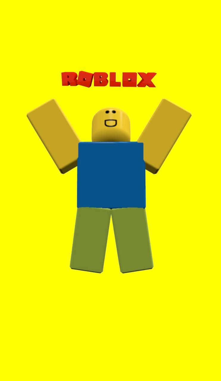Roblox新手迎戰世界 壁紙 — 一個快樂的Roblox頭像，手臂舉起，背景是明亮的黃色，上方有紅色Roblox標誌。