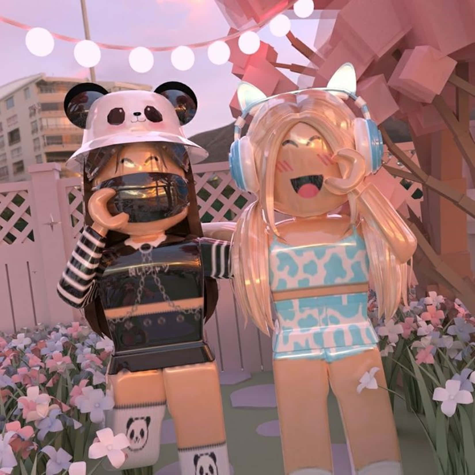 兩個Roblox角色在粉紅色花園中，有花朵和燈串。