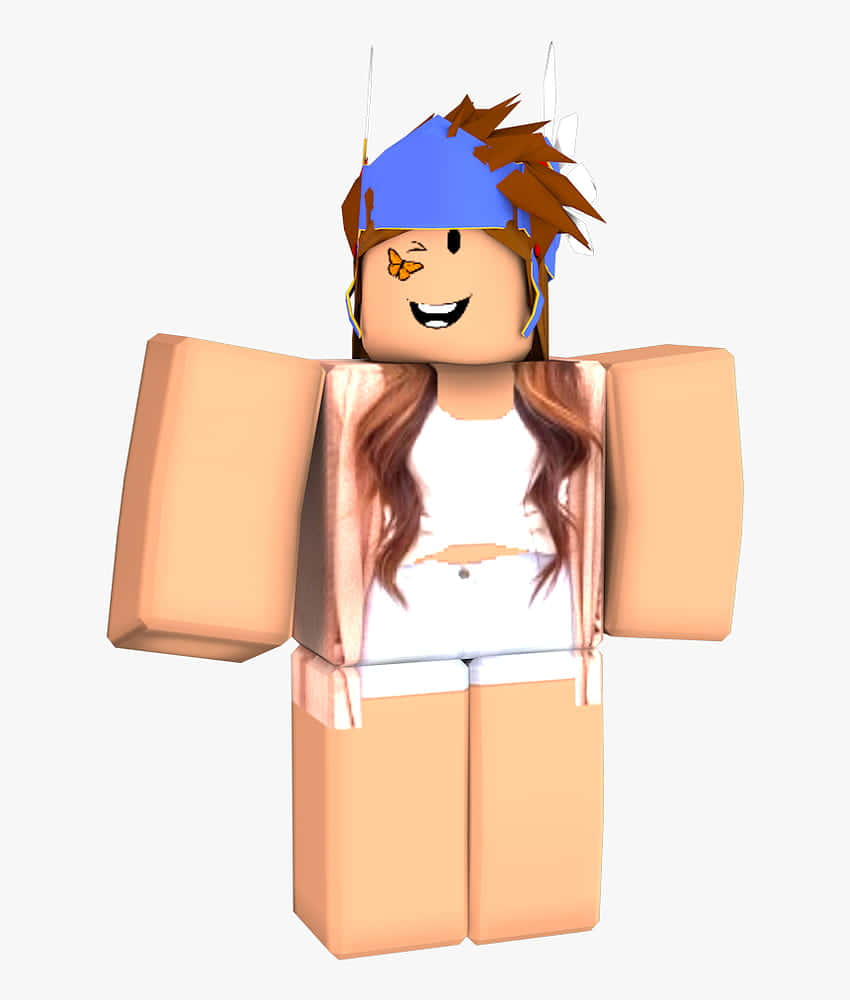 Roblox 頭像，臉頰上有蝴蝶，穿著白色衣服微笑