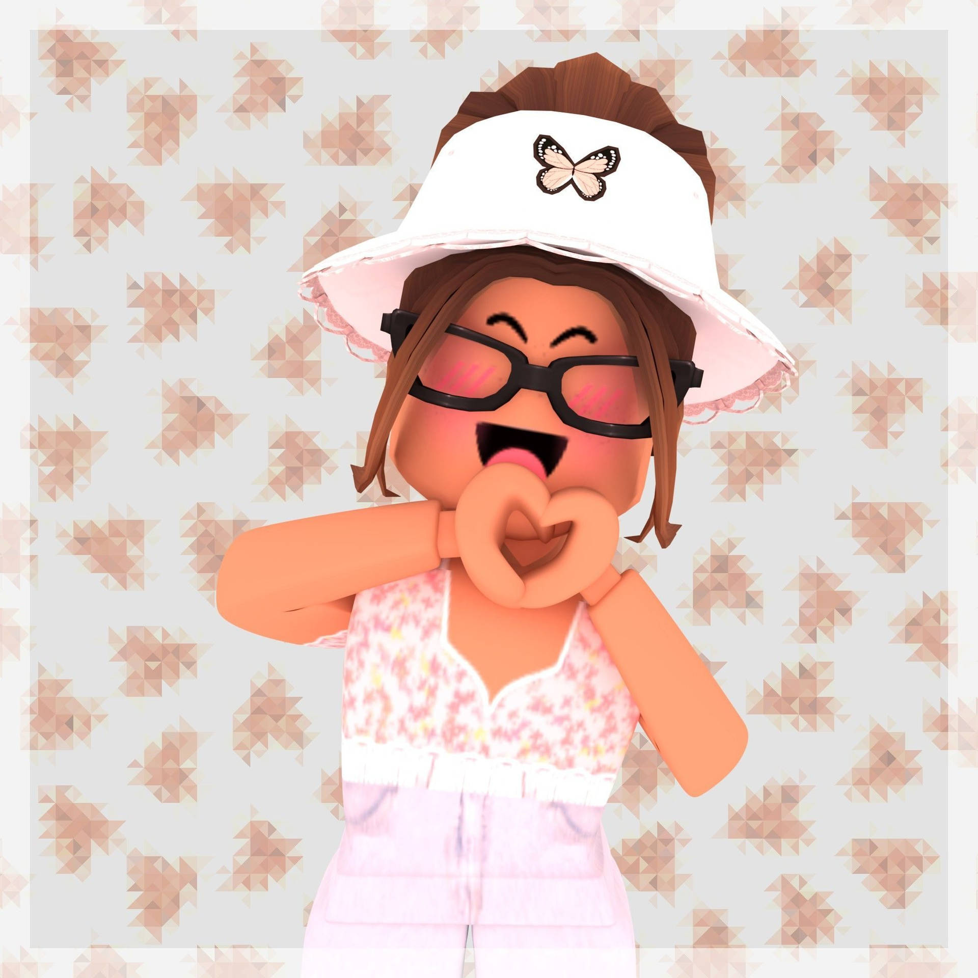 Roblox頭像雙手比心，戴白帽子和眼鏡