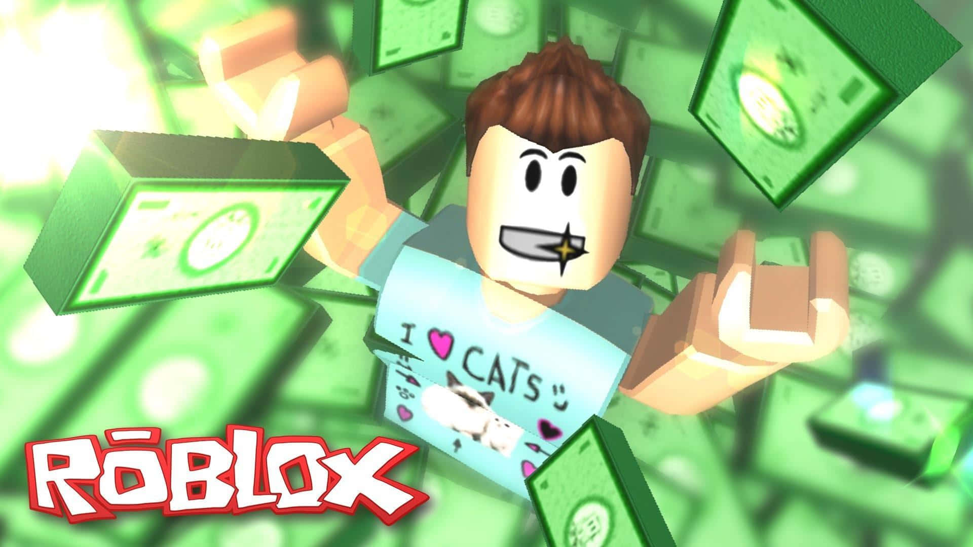 Roblox遊戲的標誌 壁紙 — 一個Roblox角色喺閃爍綠色鈔票嘅雨中慶祝，着住件「I ❤️ CATS」衫。
