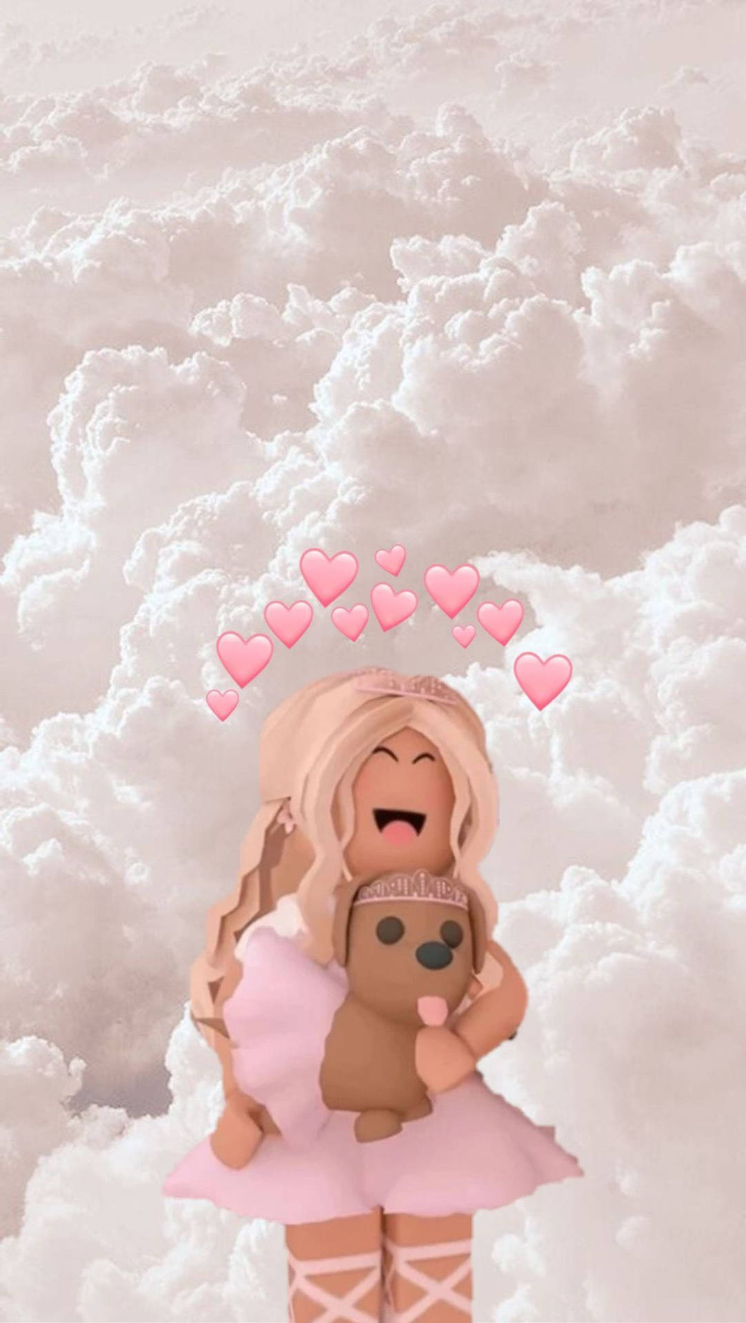 一個Roblox女孩穿著粉紅色連衣裙，被雲和心形包圍，擁抱泰迪熊。