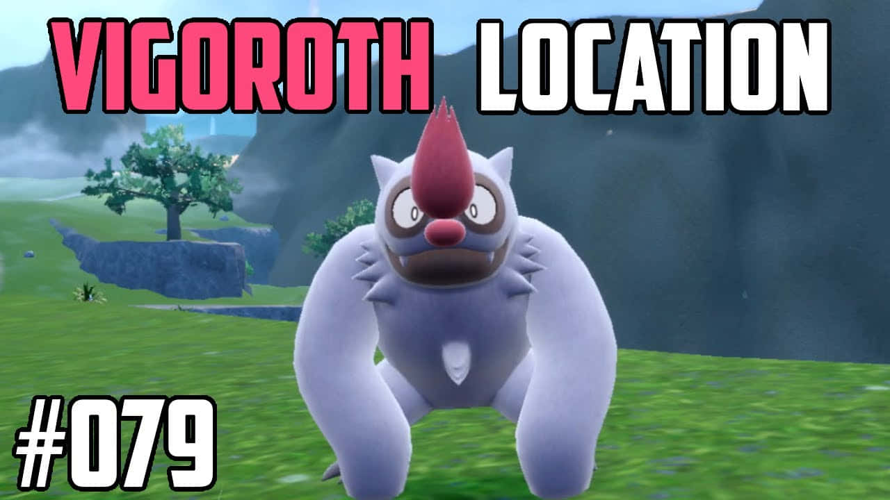 roblox風格的vigoroth 壁紙 — 一隻紫色、有紅色角的Vigoroth站在草地上，背景有山和樹。
