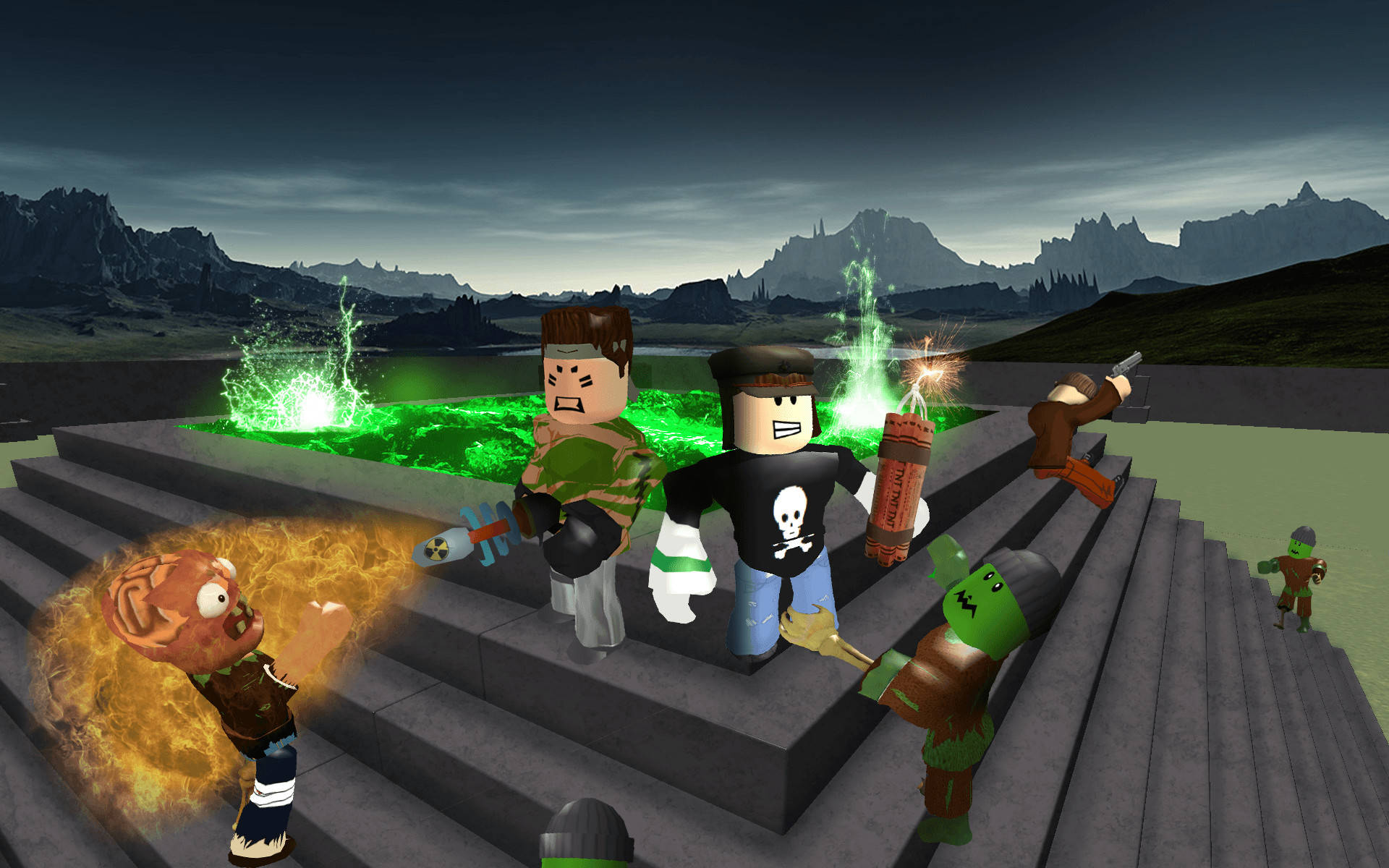 遊戲 桌布 壁紙 — Roblox風格的角色在石階上與殭屍戰鬥，旁邊是發光的綠色熔岩，背景有黑暗的山脈。