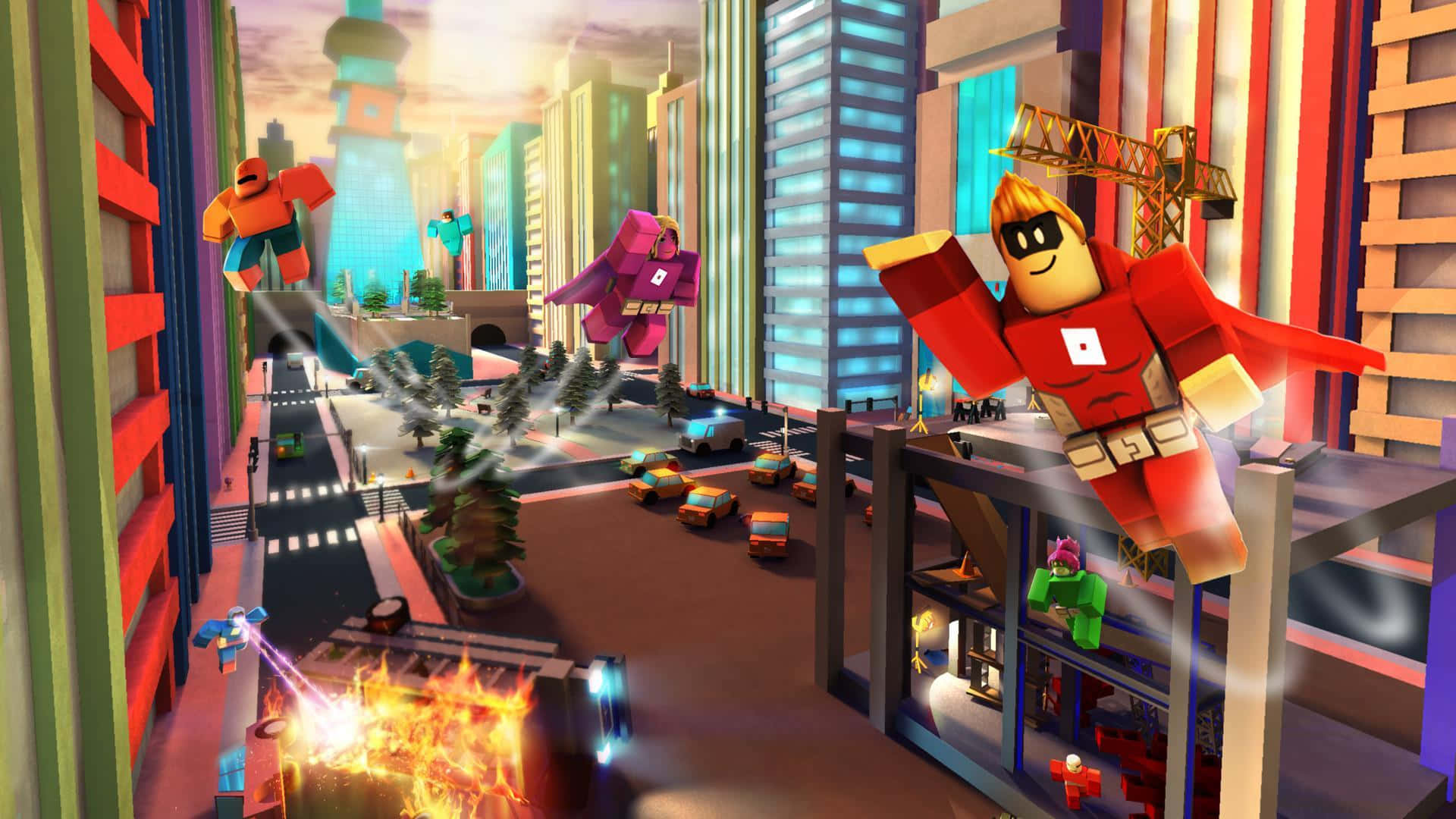 Roblox 超級英雄在色彩繽紛的城市中戰鬥，有爆炸和飛行角色。