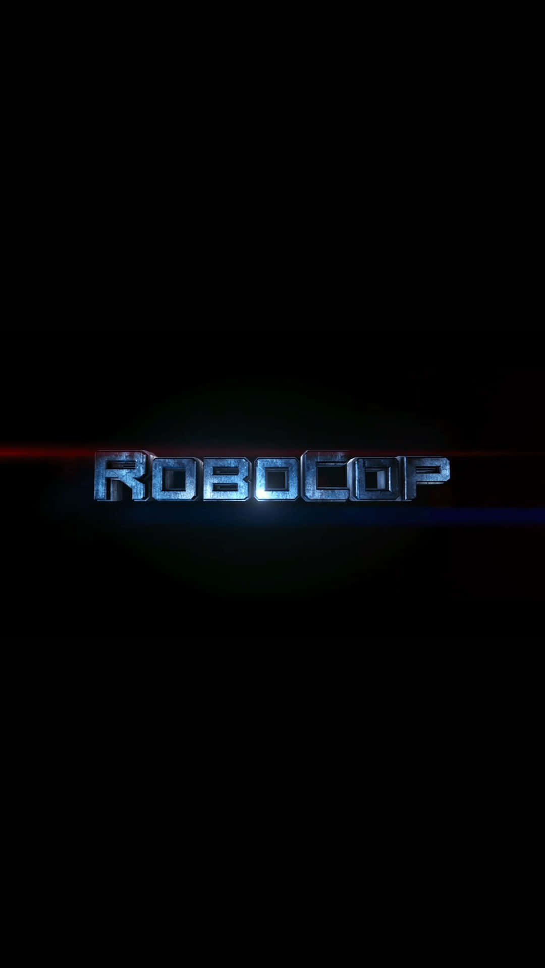  壁紙 — 「ROBOCOP」一詞在黑色背景上發出金屬藍光，並帶有紅色和藍色鏡頭光暈。
