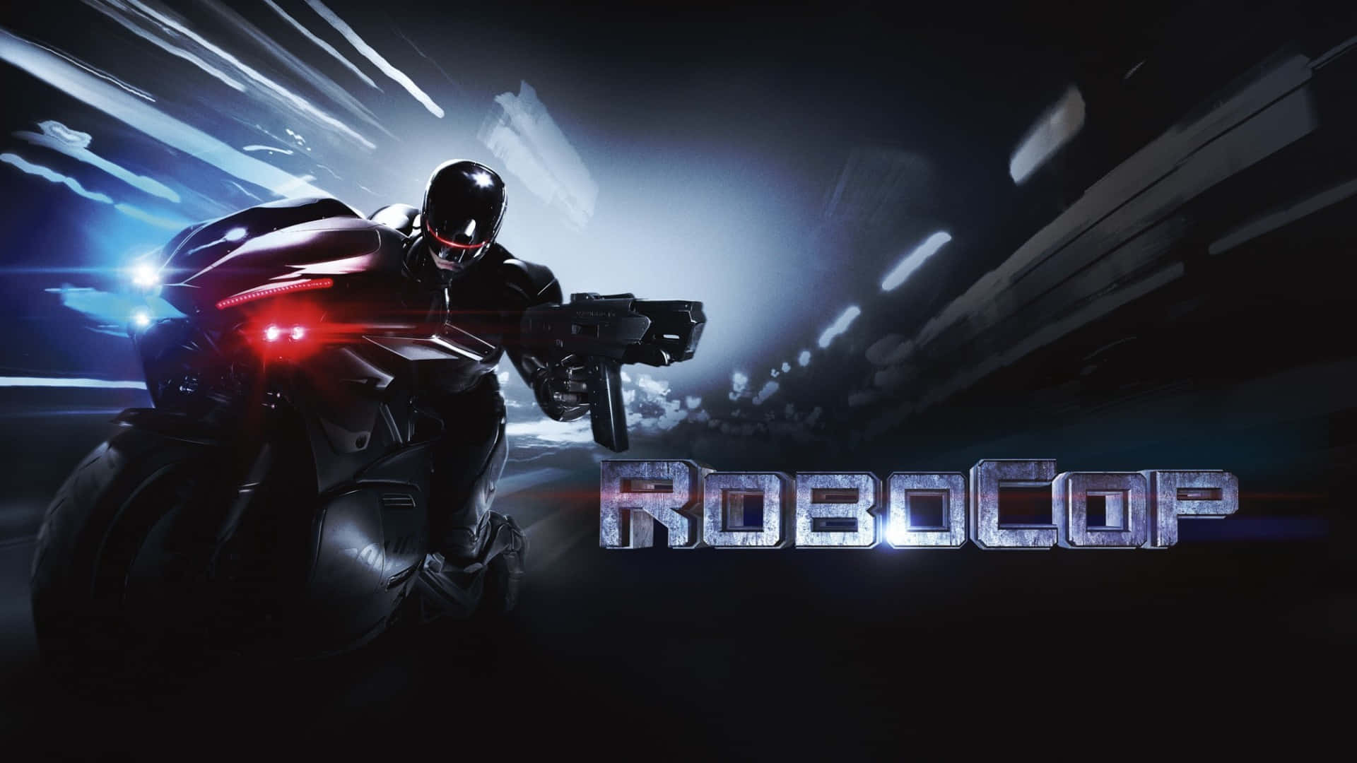  壁紙 — RoboCop 騎著未來電單車穿過霓虹燈照亮嘅城市景觀，帶有發光線條同戲劇性燈光。