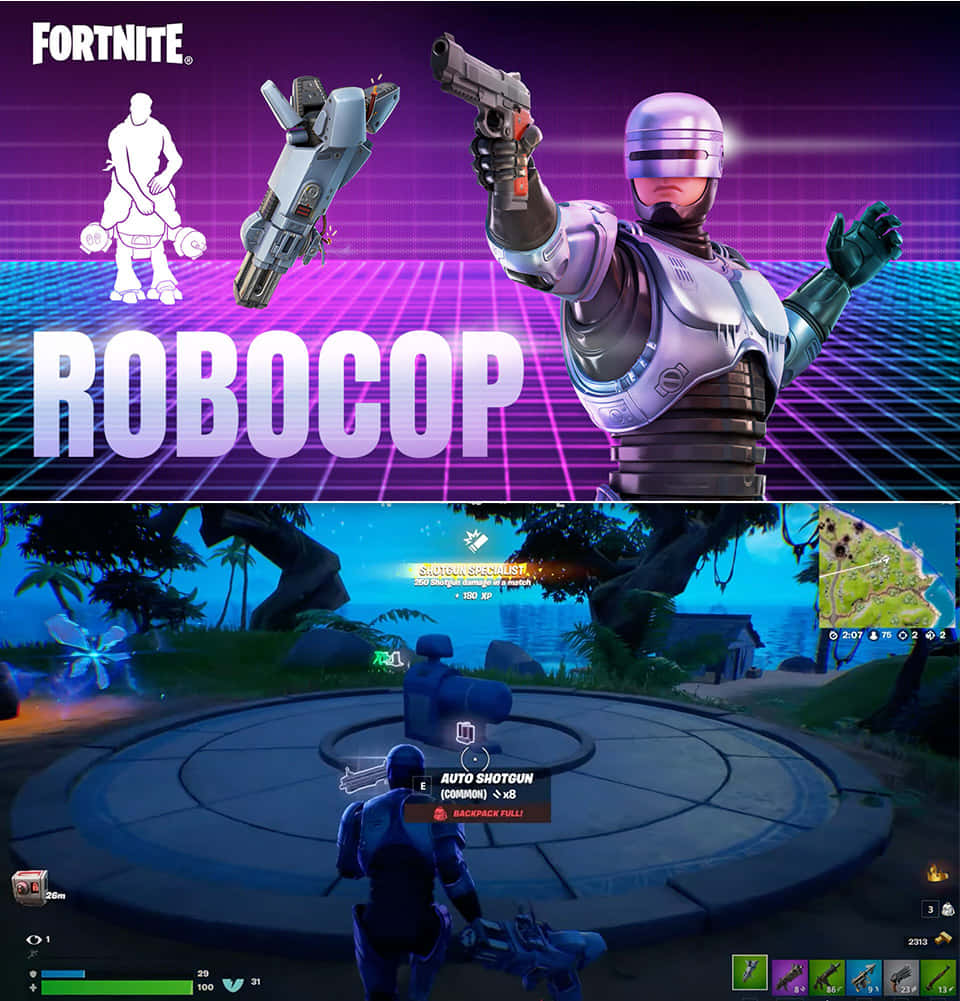 Action Game 桌布 壁紙 — Robocop 角色在霓虹網格背景上，下方有Fortnite玩家在夜晚收集自動霰彈槍。
