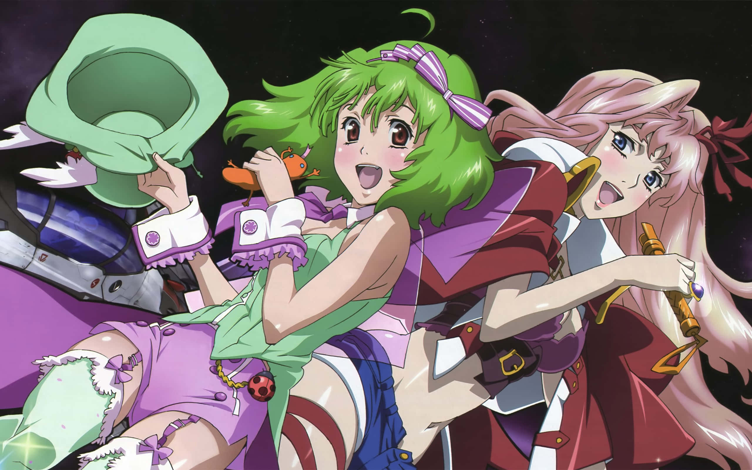 《Robotech》——《超時空要塞》戰鬥機衝向天空 壁紙 — 兩個動漫女孩，一頭綠髮和一頭粉紅髮，在星空太空背景下愉快地擺姿勢，一個拿著帽子，另一個拿著手杖。
