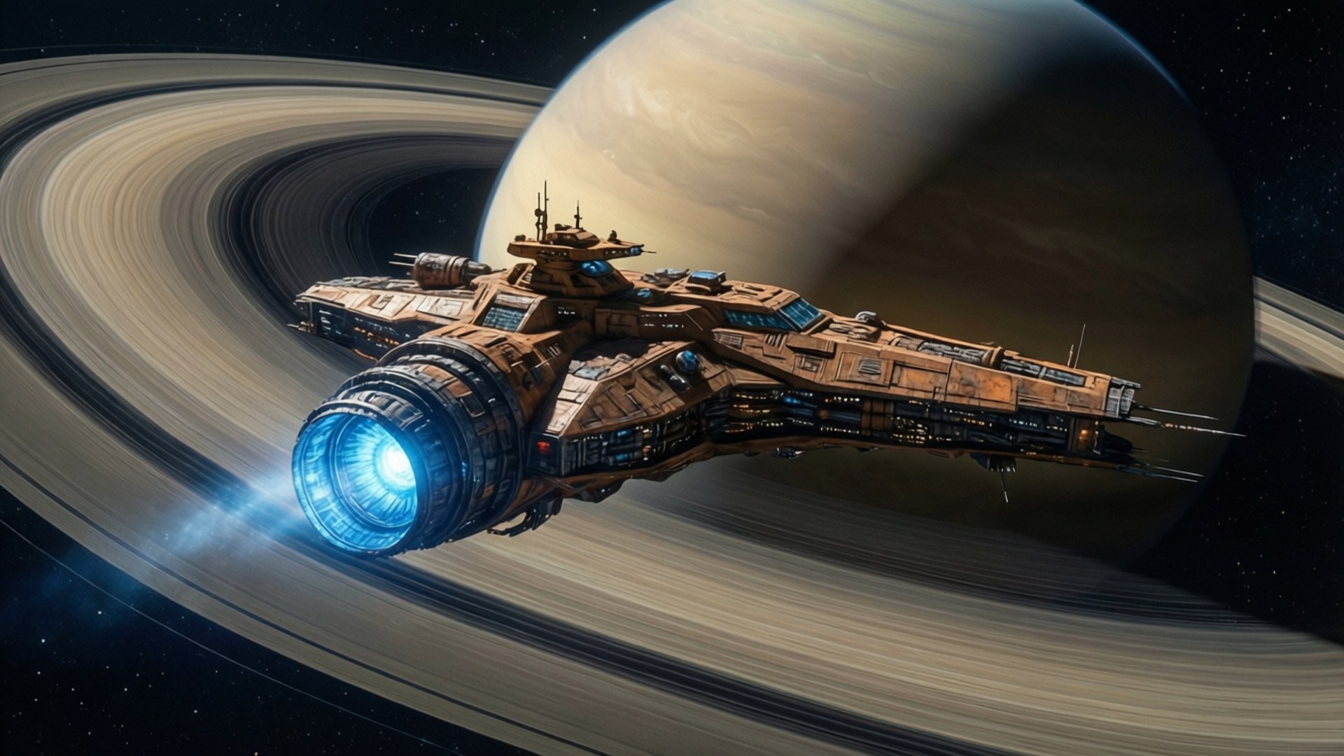 A spaceship with blue engines flies past a ringed planet in deep space. 壁紙