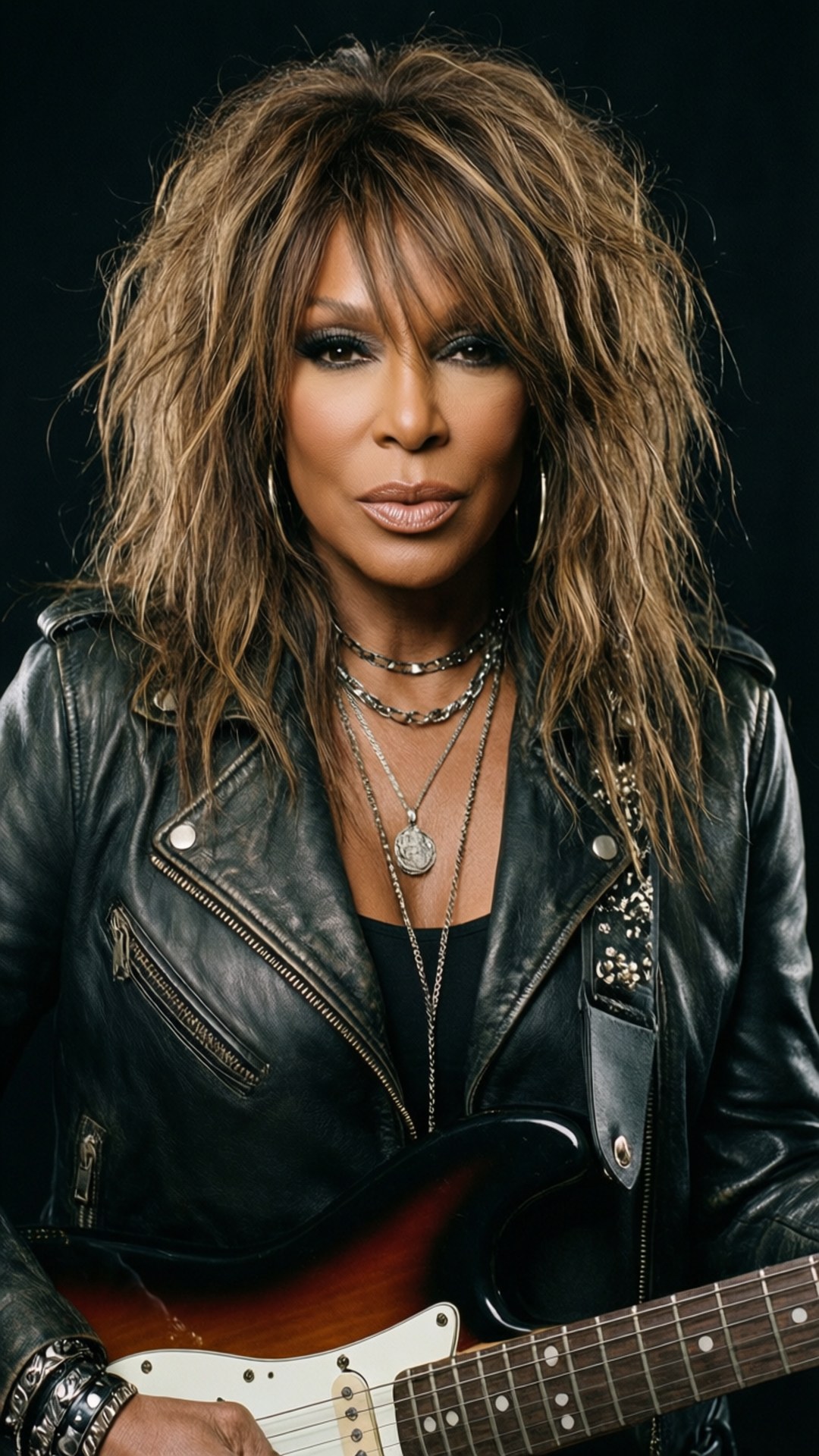 Tina Turner 在工作室肖像中手持電結他，身穿皮夾克和珠寶。